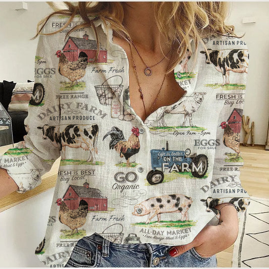 Farm Fresh Life Women's Casual Shirt — Vintage Dairy Farm All-Over Print