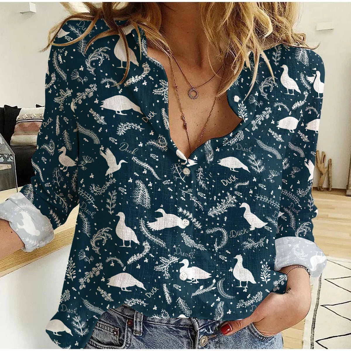 Women's Casual Shirt Duck Floral Print Button Up – Long Sleeve Teal Blouse