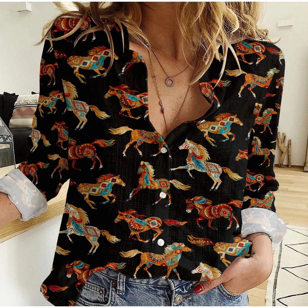 Aztec Horse Women's Casual Shirt — Native American Boho Horse All-Over Print Black