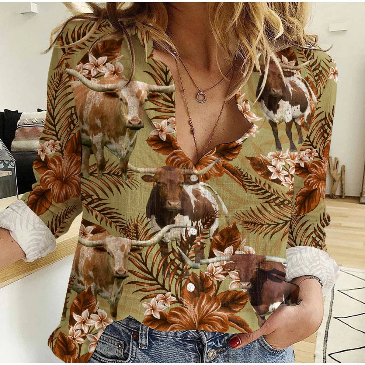 Women's Cow Casual Shirt - Longhorn Tropical Hawaiian Print Blouse Western Summer Long Sleeve Top for Texas Cowgirl Cattle Lover