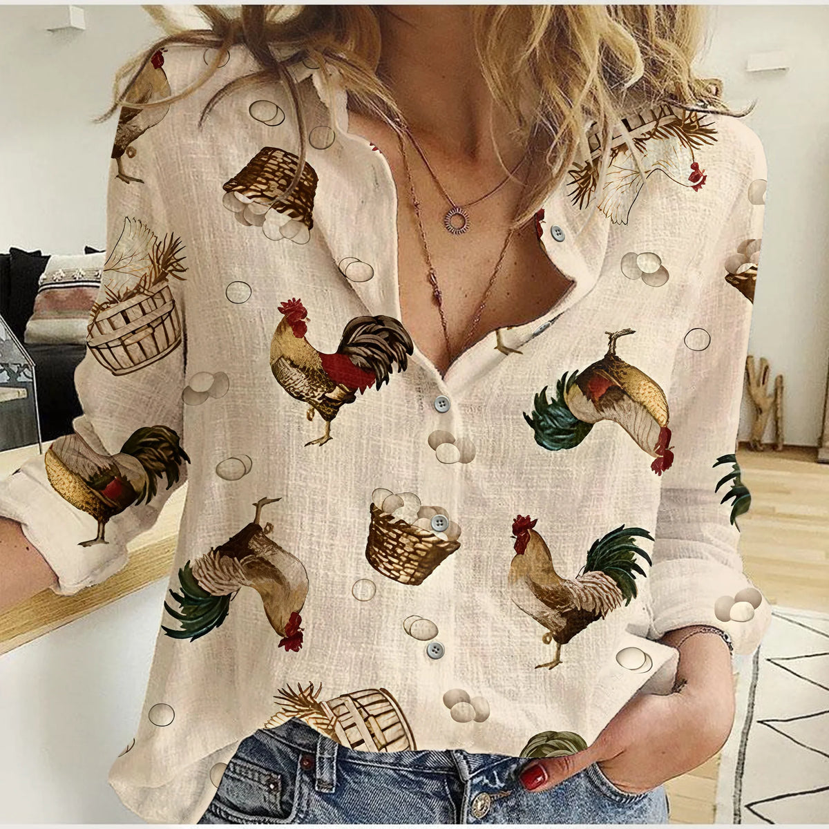 Rooster Egg Basket Women Casual Shirt — Vintage Farm Rooster Button  Down Shirt For Chicken Lovers