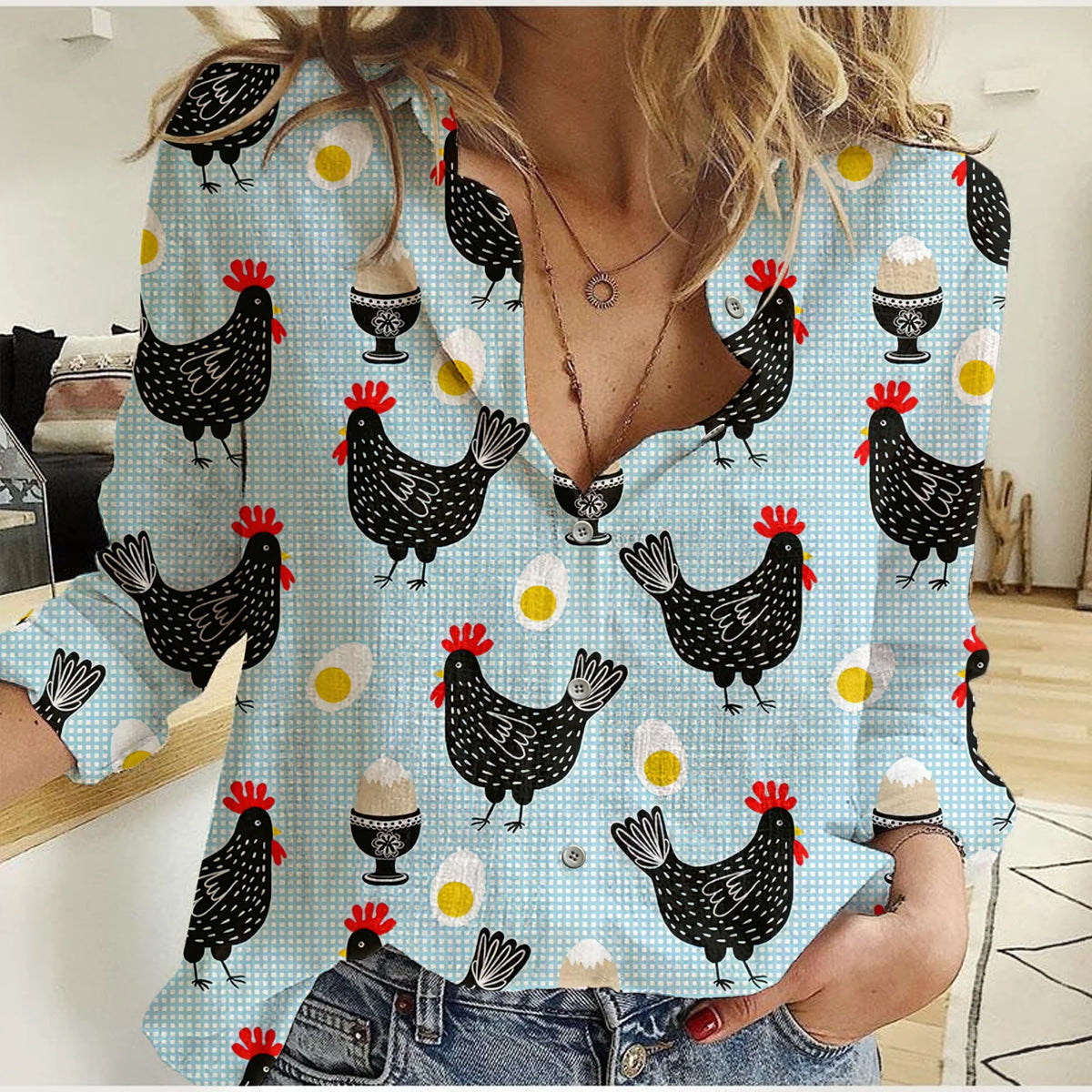 Women's Casual Shirt Chicken & Egg Print Button Up – Long Sleeve Light Blue Blouse