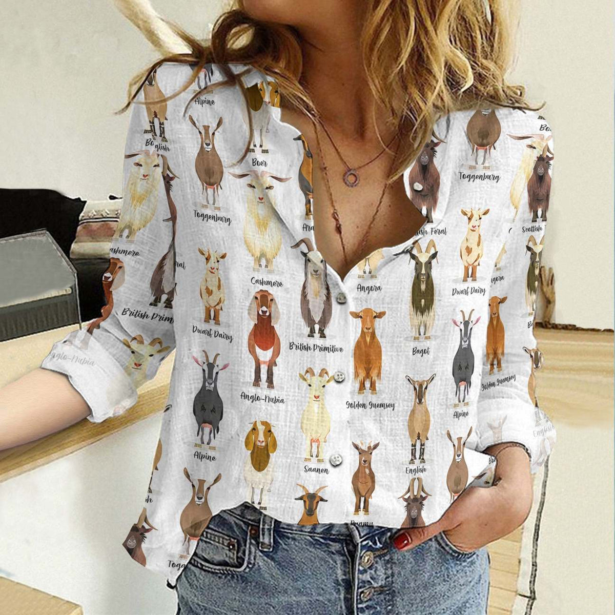 Goat Breed Chart Women's Casual Shirt — All Goat Breeds Educational All-Over Print White