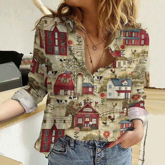 Farm Fresh Life Women Casual Shirt — Vintage American Countryside Scene  Button Down Shirt For Farm Lovers