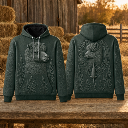 Alpaca Hoodie – Rustic Farm 3D Effect All-Over Print Unisex Pullover, Forest Green, Alpaca Lover Gift