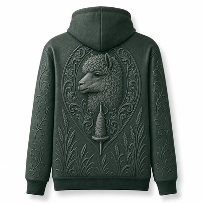 Alpaca Hoodie – Rustic Farm 3D Effect All-Over Print Unisex Pullover, Forest Green, Alpaca Lover Gift