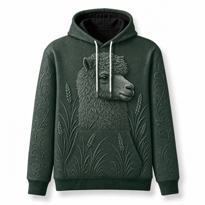 Alpaca Hoodie – Rustic Farm 3D Effect All-Over Print Unisex Pullover, Forest Green, Alpaca Lover Gift