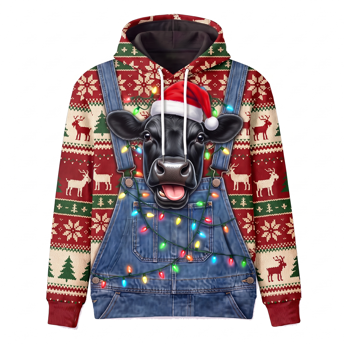 Funny Santa Cow Christmas Hoodie - Black Angus Cow Overalls Ugly Christmas Sweater Style