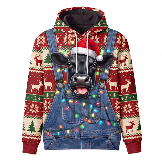 Funny Santa Cow Christmas Hoodie - Black Angus Cow Overalls Ugly Christmas Sweater Style