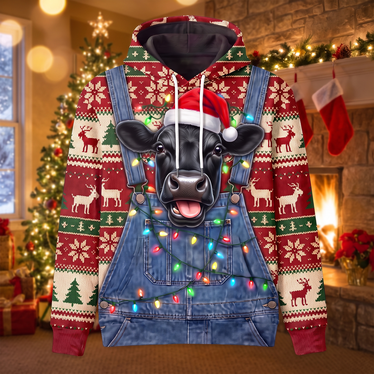 Funny Santa Cow Christmas Hoodie - Black Angus Cow Overalls Ugly Christmas Sweater Style