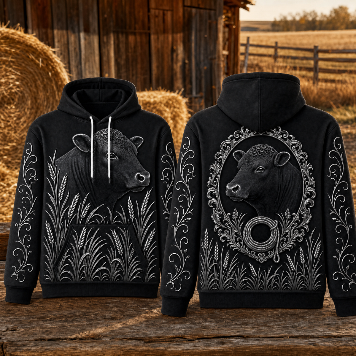 Black Angus Cow Hoodie – Cattle Ranch 3D Effect All-Over Print Unisex Pullover, Black & Silver, Rancher Gif