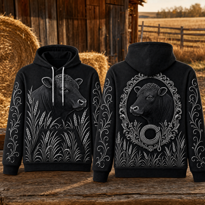 Black Angus Cow Hoodie – Cattle Ranch 3D Effect All-Over Print Unisex Pullover, Black & Silver, Rancher Gif