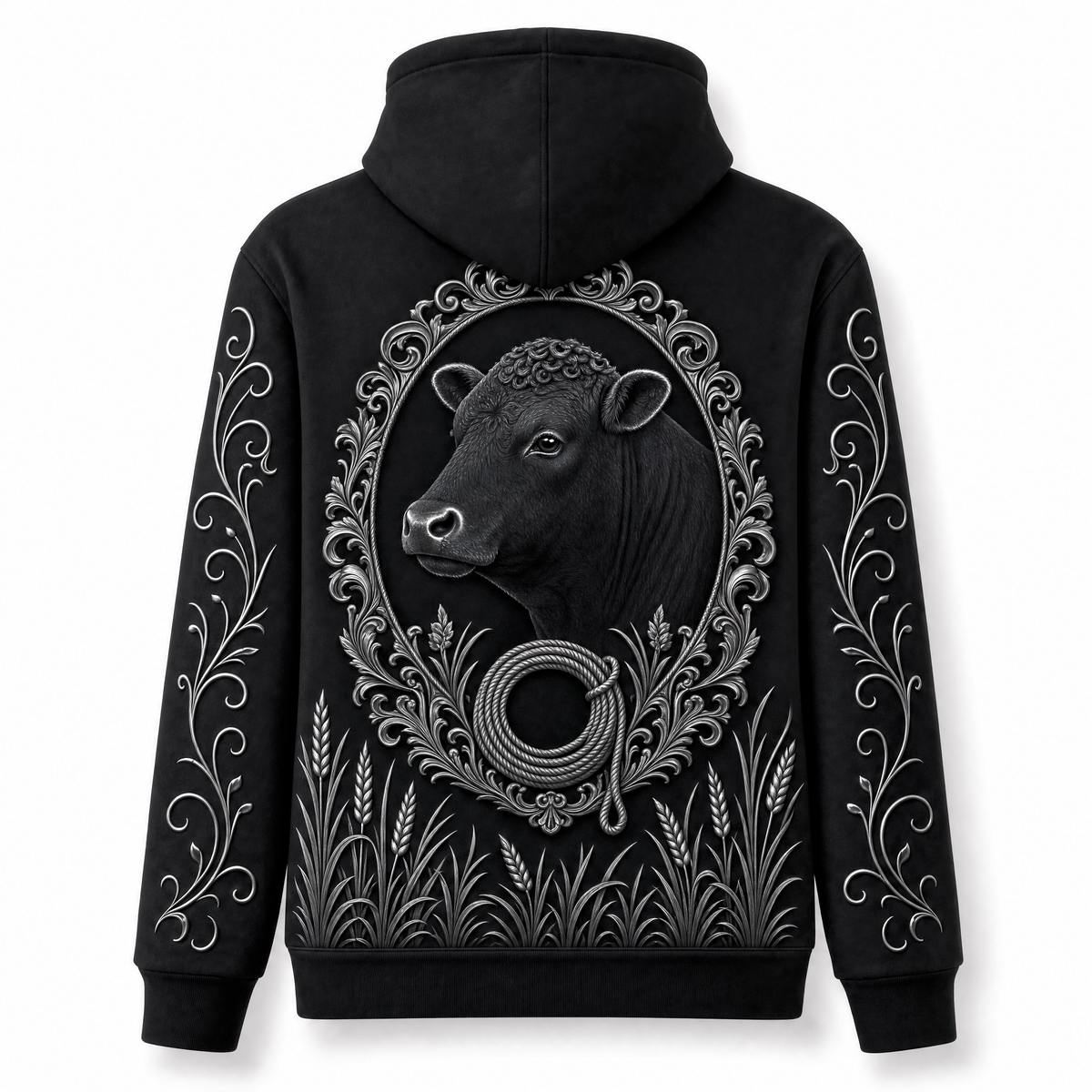 Black Angus Cow Hoodie – Cattle Ranch 3D Effect All-Over Print Unisex Pullover, Black & Silver, Rancher Gif