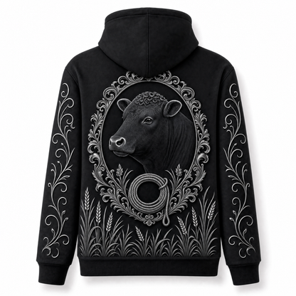 Black Angus Cow Hoodie – Cattle Ranch 3D Effect All-Over Print Unisex Pullover, Black & Silver, Rancher Gif