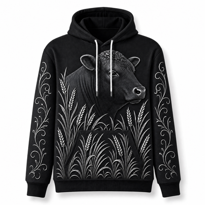 Black Angus Cow Hoodie – Cattle Ranch 3D Effect All-Over Print Unisex Pullover, Black & Silver, Rancher Gif