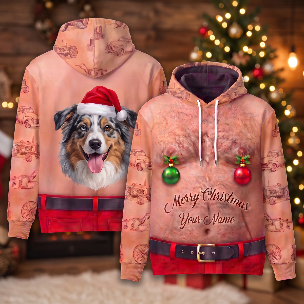Funny Santa Australian Shepherd Hairy Belly Hoodie - Custom Name Aussie Dog Christmas Hoodie