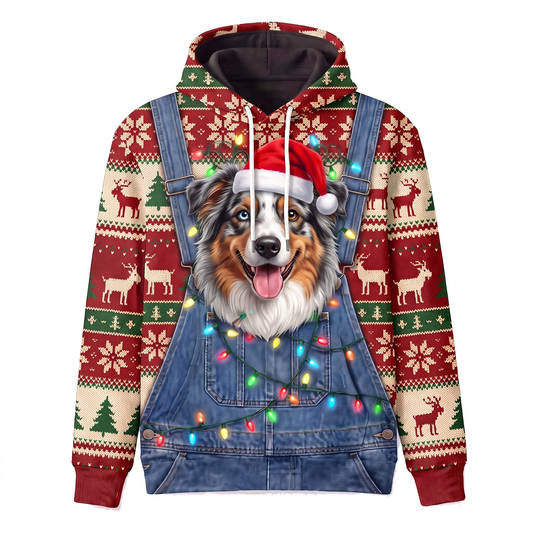 Funny Santa Australian Shepherd Christmas Hoodie - Aussie Dog Overalls Ugly Christmas Sweater Style