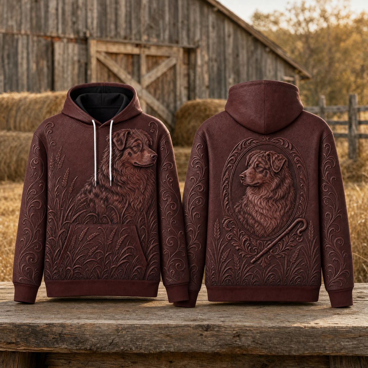 Australian Shepherd Hoodie – Red Merle Aussie 3D Effect All-Over Print Unisex Pullover, Burgundy, Aussie Mom Gift