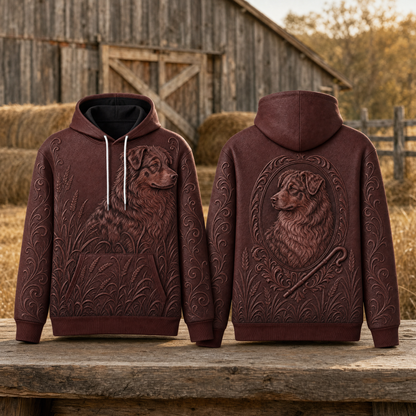 Australian Shepherd Hoodie – Red Merle Aussie 3D Effect All-Over Print Unisex Pullover, Burgundy, Aussie Mom Gift