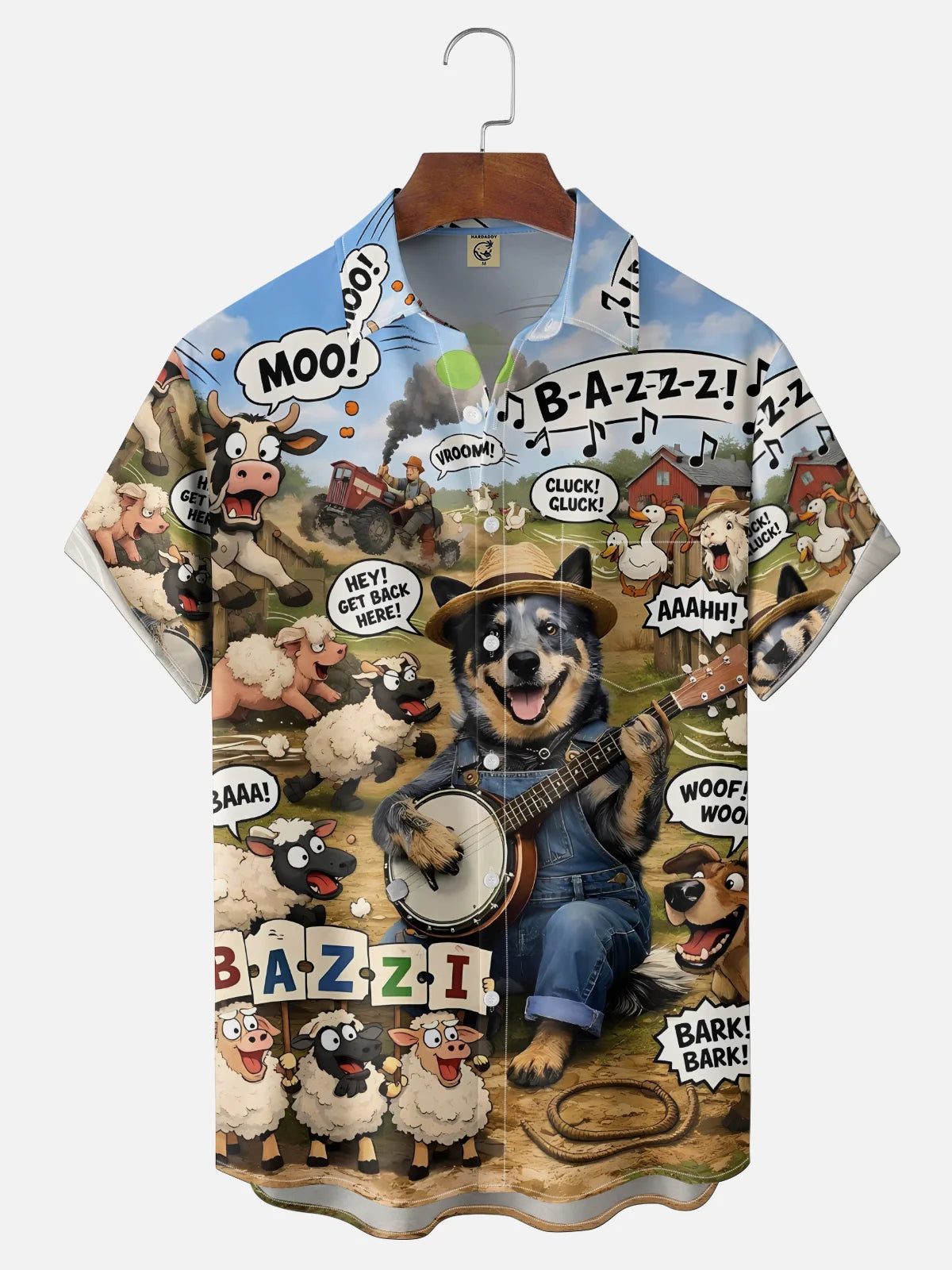 Fun Farm Animal Dog Sheep Cow Pig Chest Pocket Holiday Hawaiian Shirt
