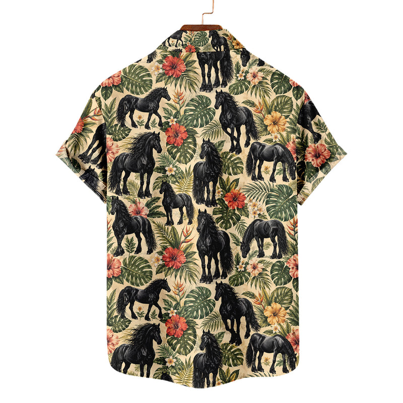 Friesian Horse Hawaiian Shirt – Black Horse All-Over Print Button-Up for Horse Lovers