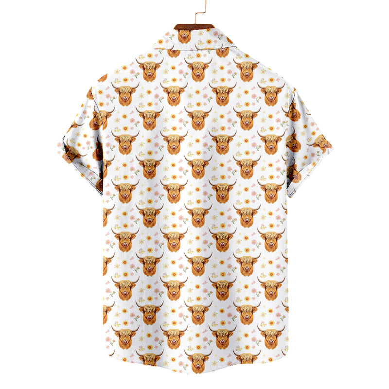 Highland Cow Hawaiian Shirt — Cute Floral Sunflower Pattern | Funny Farm Animal Button Down