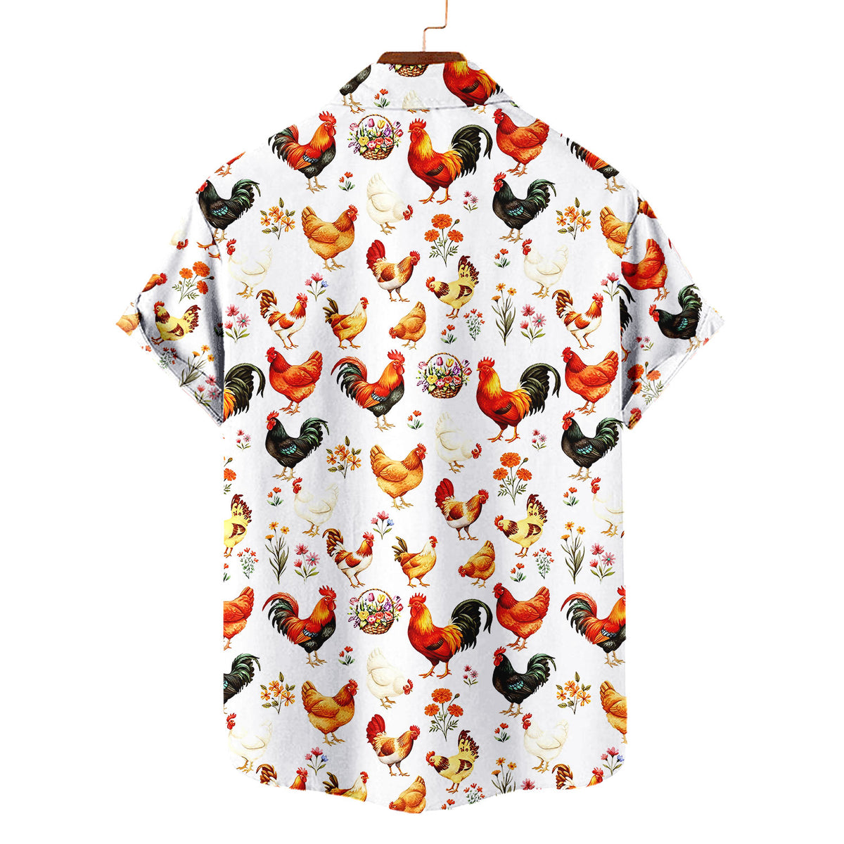 Chicken & Rooster Floral Hawaiian Shirt – White Aloha Button Up