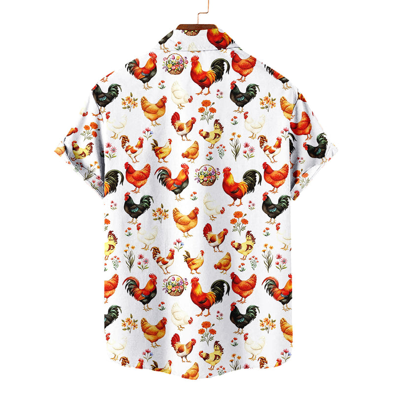 Chicken & Rooster Floral Hawaiian Shirt – White Aloha Button Up