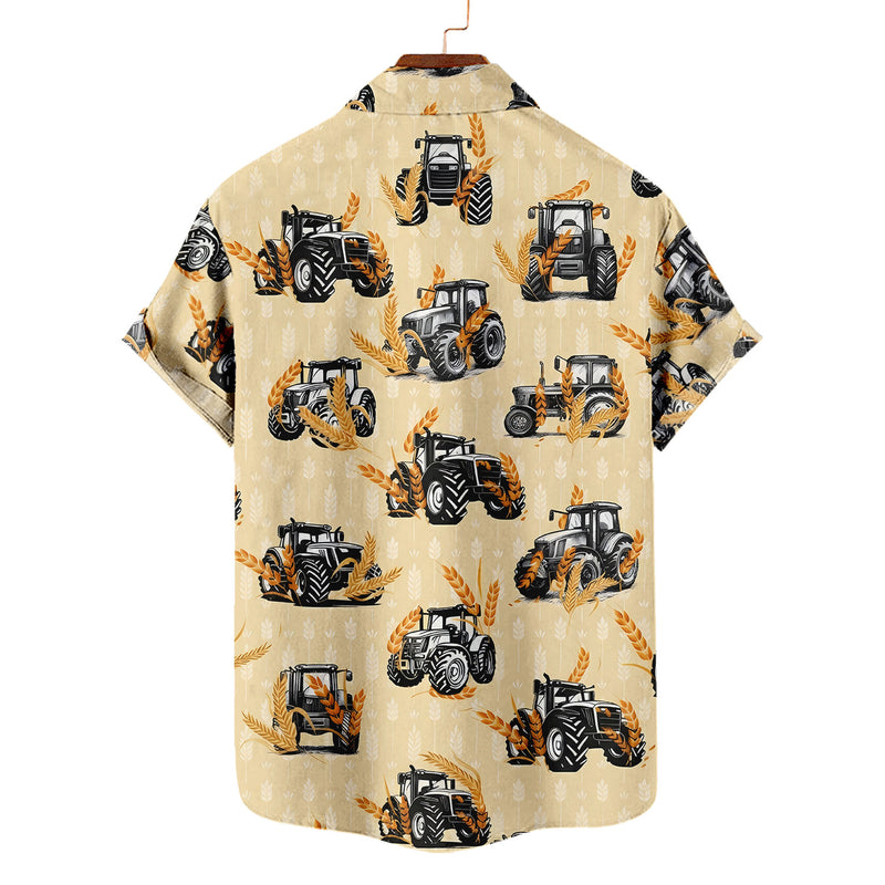 Tractor Hawaiian Shirt – Modern Farm Tractor Wheat Pattern Aloha Button Down | Gift For Farmers Dad Men