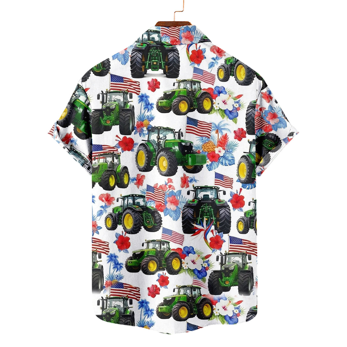 Patriotic Tractor Hawaiian Shirt – American Flag Green Farm Tractor Tropical Aloha | 4th of July Farmer Gift Men Women