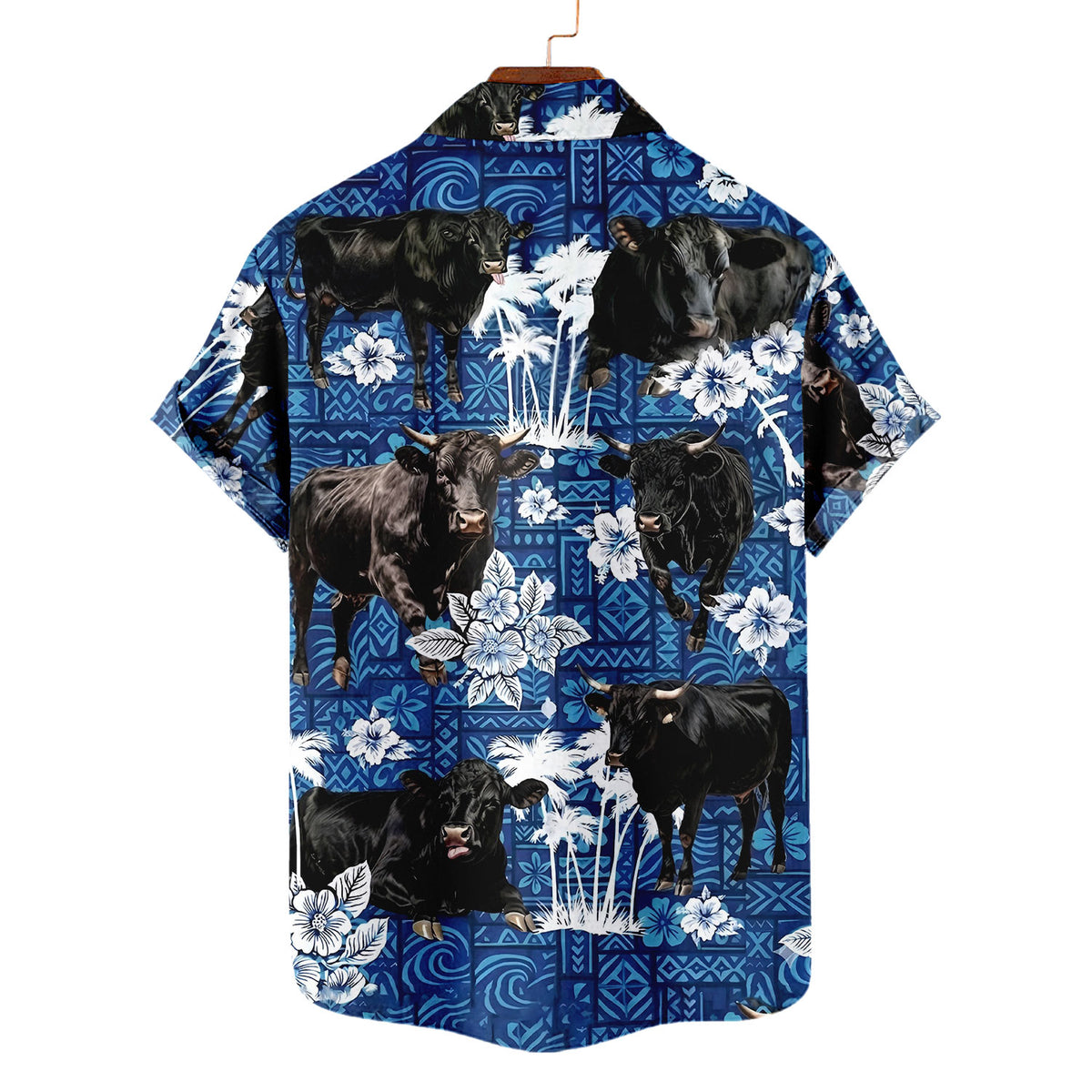 Black Angus Hawaiian Shirt – Blue Tribal Tiki Hibiscus Cattle Aloha Button Down | Cow Farmer Gift Men Women