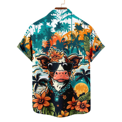 Funny Highland Cow Hawaiian Shirt – Cool Cow Sunglasses Retro Tropical Aloha | Cute Cow Lover Gift Men Women