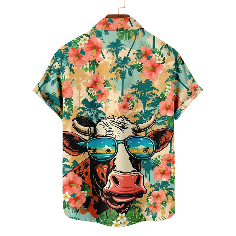 Highland Cow Hawaiian Shirt – Cool Cow Beach Reflection Sunglasses Tropical Hibiscus Aloha | Funny Cow Gift Men Women