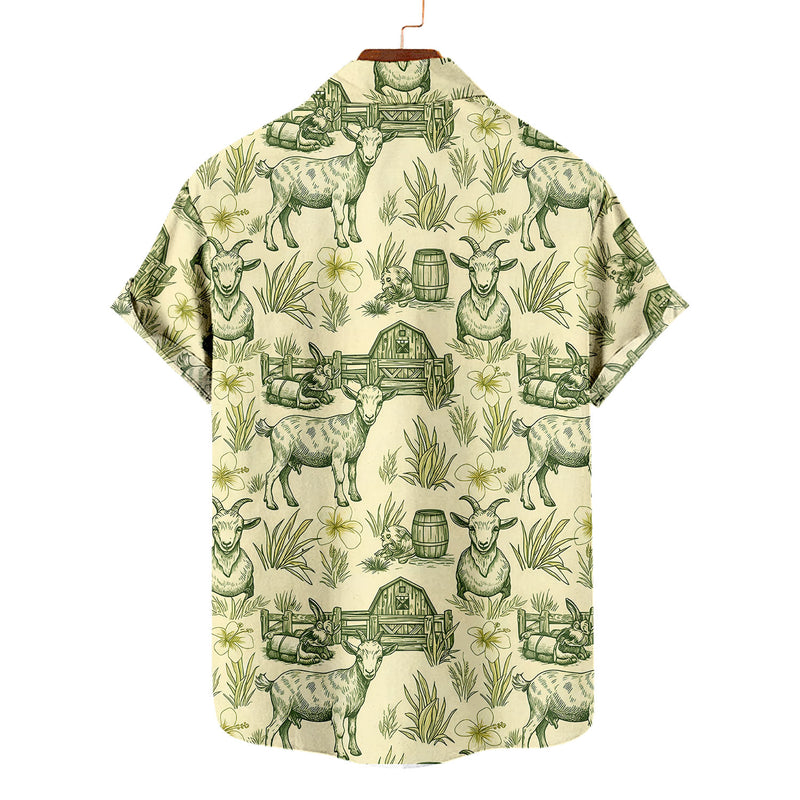 Goat Farm Hawaiian Shirt – Vintage Sketch Farm Scene Aloha Button Down | Goat Lover Gift
