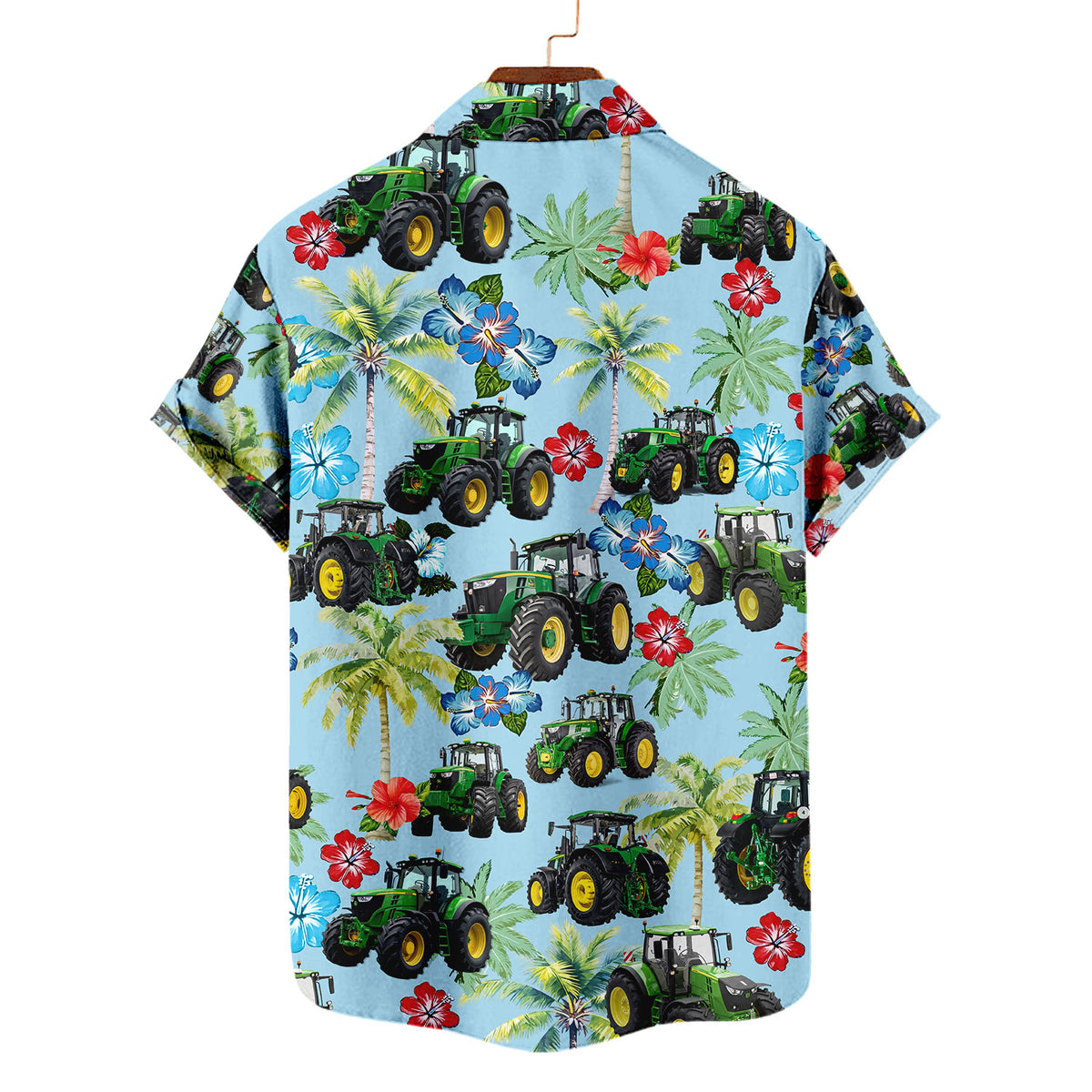 Green Tractor Hawaiian Shirt – Farm Tractor Tropical Hibiscus Palm Tree Aloha Button Down | Farmer Gift