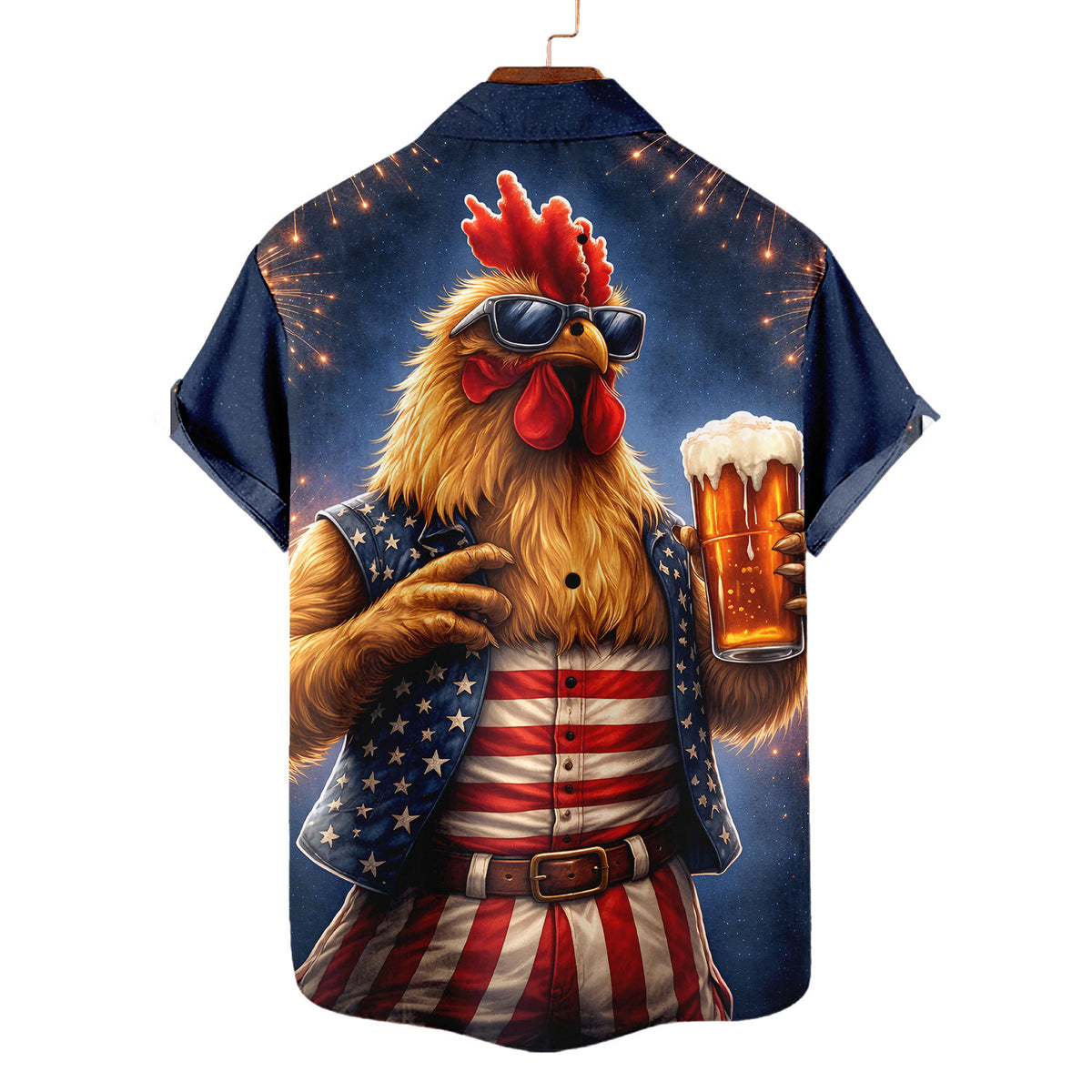 Rooster Beer Hawaiian Shirt – Patriotic Rooster Drinking Beer American Flag Aloha | 4th of July Gift For Men