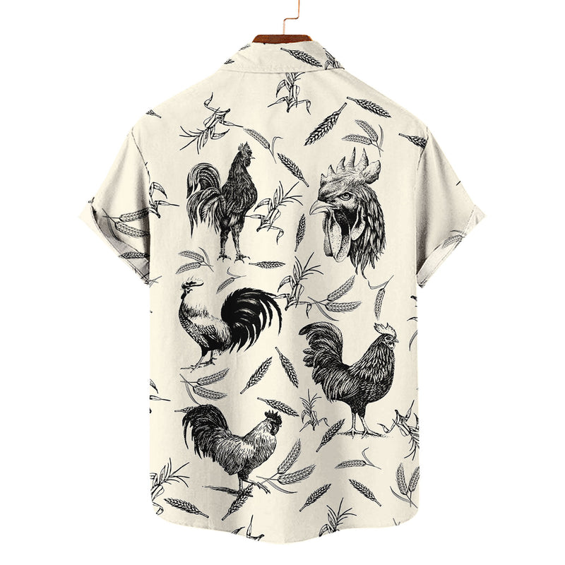 Rooster Hawaiian Shirt – Black White Vintage Sketch Chicken Farm Aloha | Rooster Lover Gift