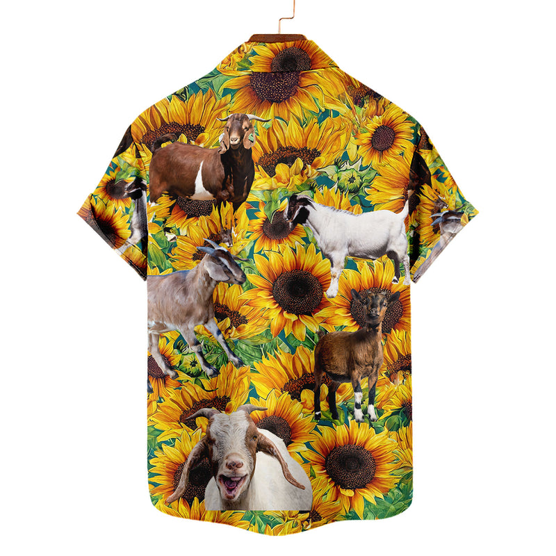 Goat Sunflower Hawaiian Shirt – Funny Goat Sunflower Field Aloha Button Down | Goat Mom Gift