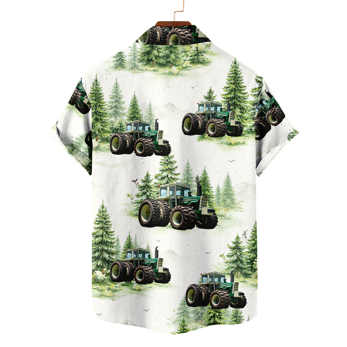 Green Tractor Hawaiian Shirt – Watercolor Pine Forest Farm Aloha Button Down | Tractor Lover Gift Men Women
