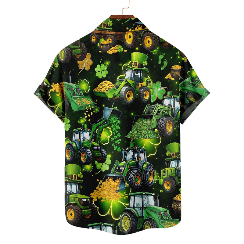 St Patrick's Day Tractor Hawaiian Shirt – Lucky Shamrock Green Farm Tractor Gold Coins Aloha | Funny Irish Farmer Gift Men Women
