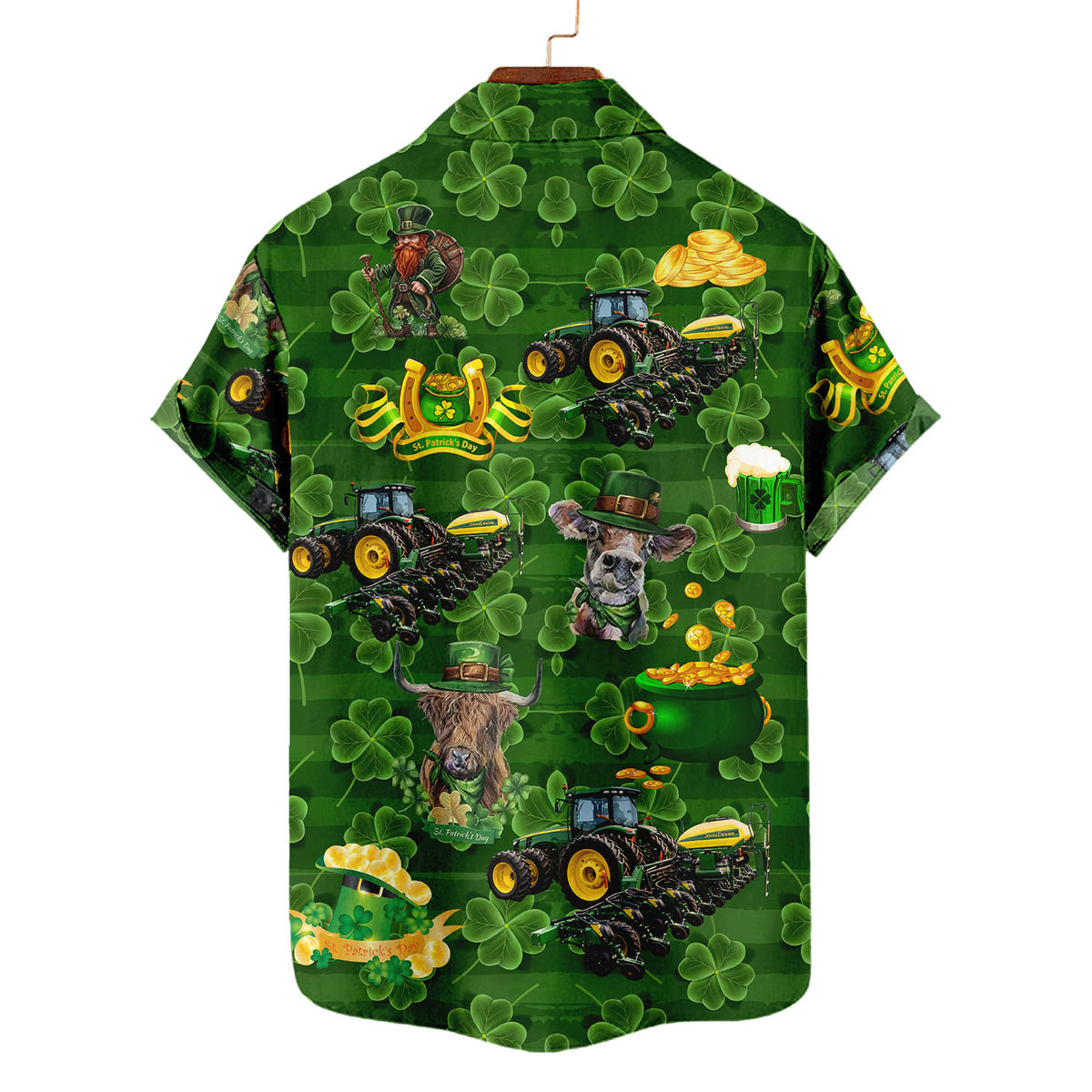 St Patrick's Day Hawaiian Shirt – Lucky Highland Cow Green Tractor Leprechaun Aloha | Irish Farmer Gift Men Women