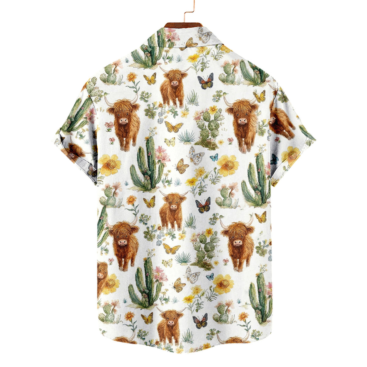 Highland Cow Hawaiian Shirt – Boho Cactus Wildflower Butterfly Aloha Button Down | Cute Cow Lover Gift Women Men