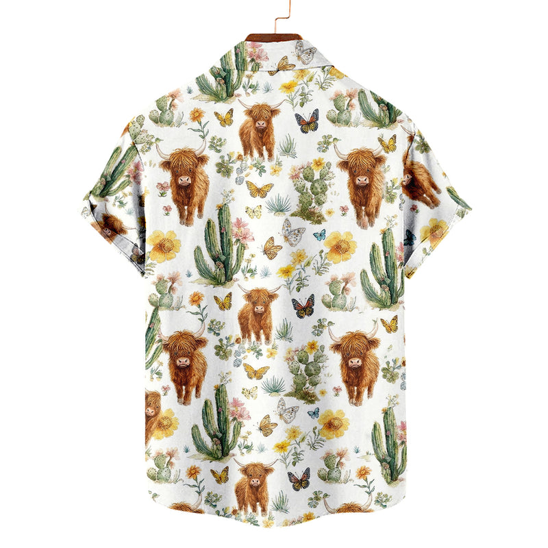 Highland Cow Hawaiian Shirt – Boho Cactus Wildflower Butterfly Aloha Button Down | Cute Cow Lover Gift Women Men