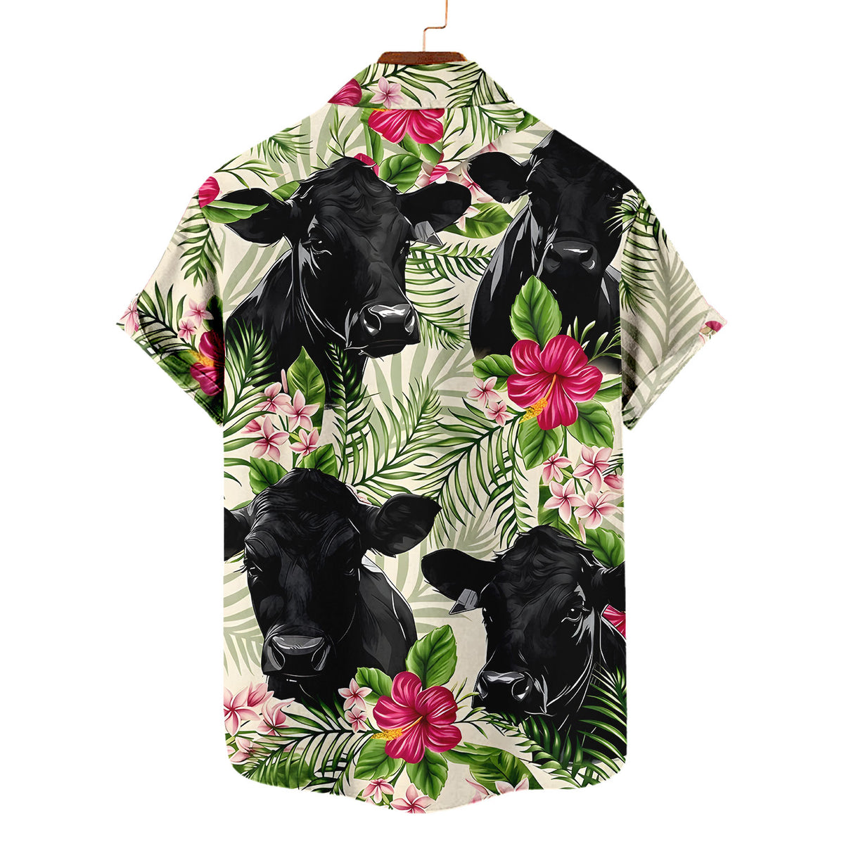 Black Angus Hawaiian Shirt – Tropical Hibiscus Palm Leaves Cattle Aloha Button Down | Cow Farmer Gift Men Women