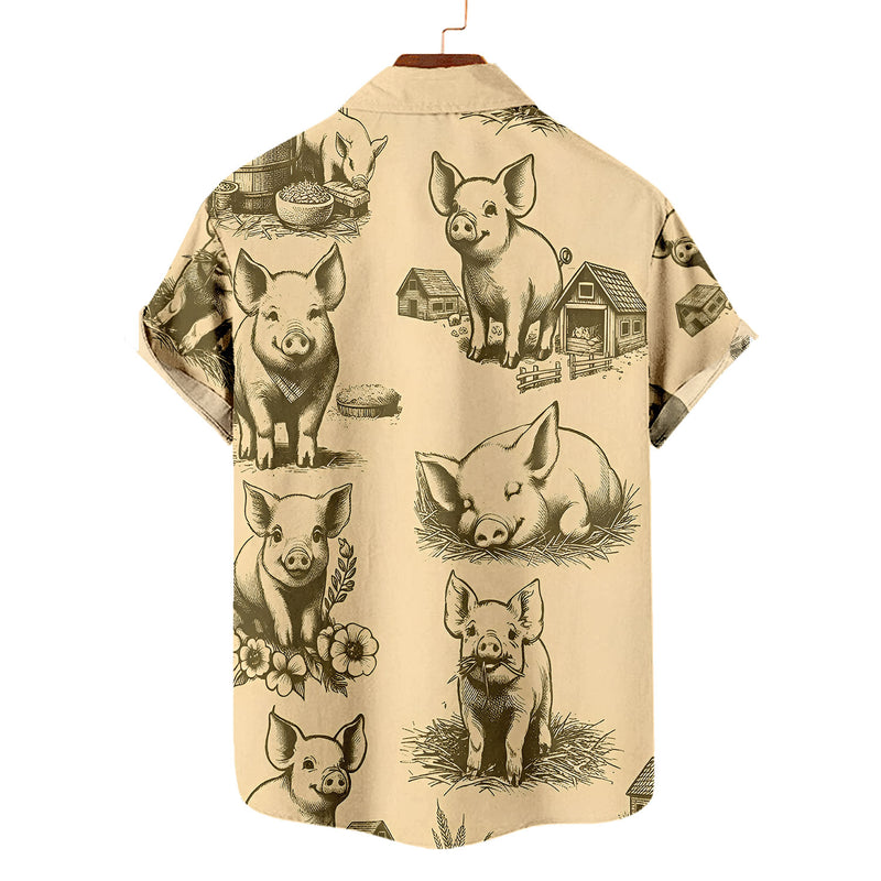 Pig Hawaiian Shirt – Cute Vintage Farm Pig Sketch Aloha Button Down | Funny Pig Lover Gift Men Women
