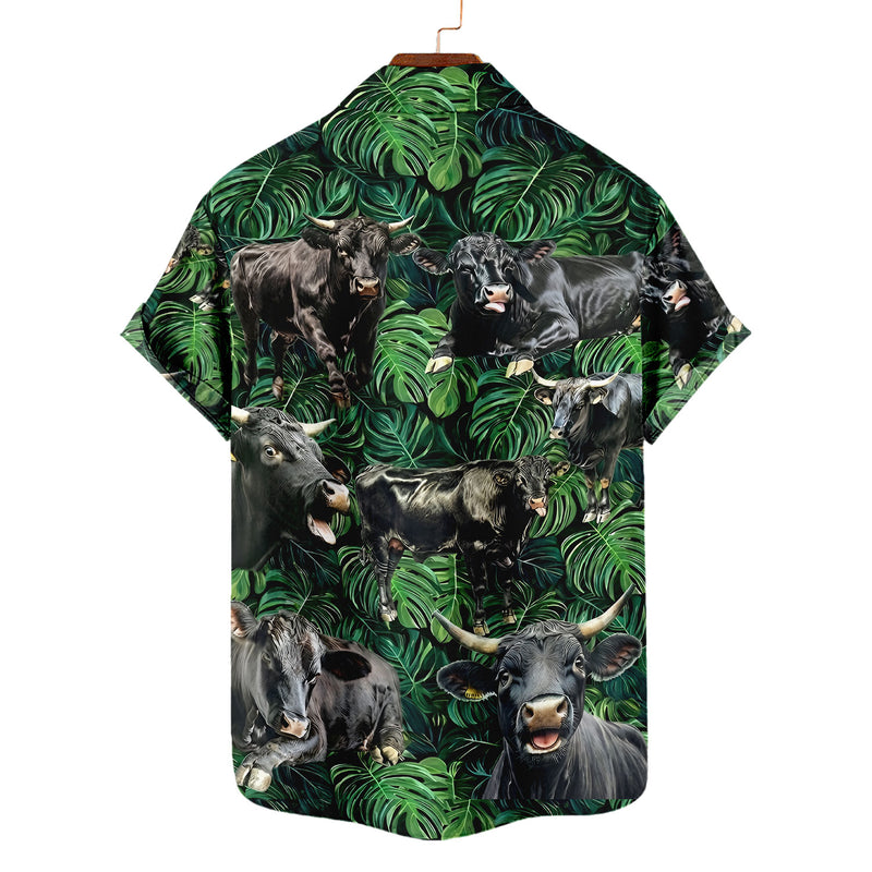 Black Angus Hawaiian Shirt – Dark Tropical Monstera Jungle Cattle Aloha Button Down | Cattle Rancher Gift Men Women