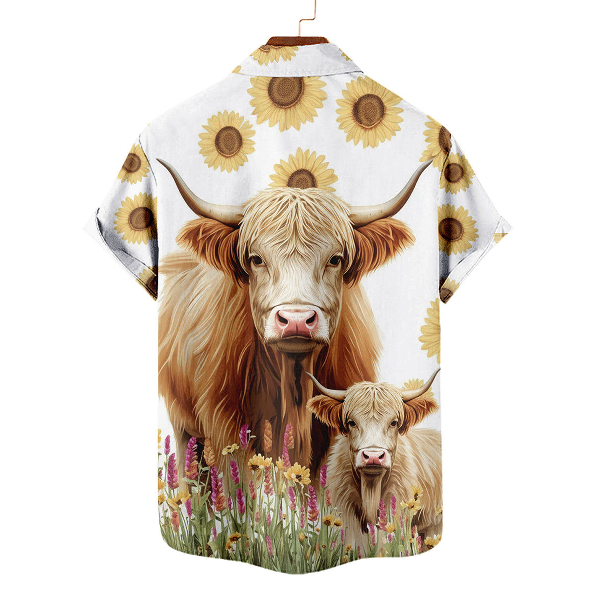 Mama Highland Cow Hawaiian Shirt — Mother & Baby Sunflower Pattern | Farm Mom Gift for Mother's Day