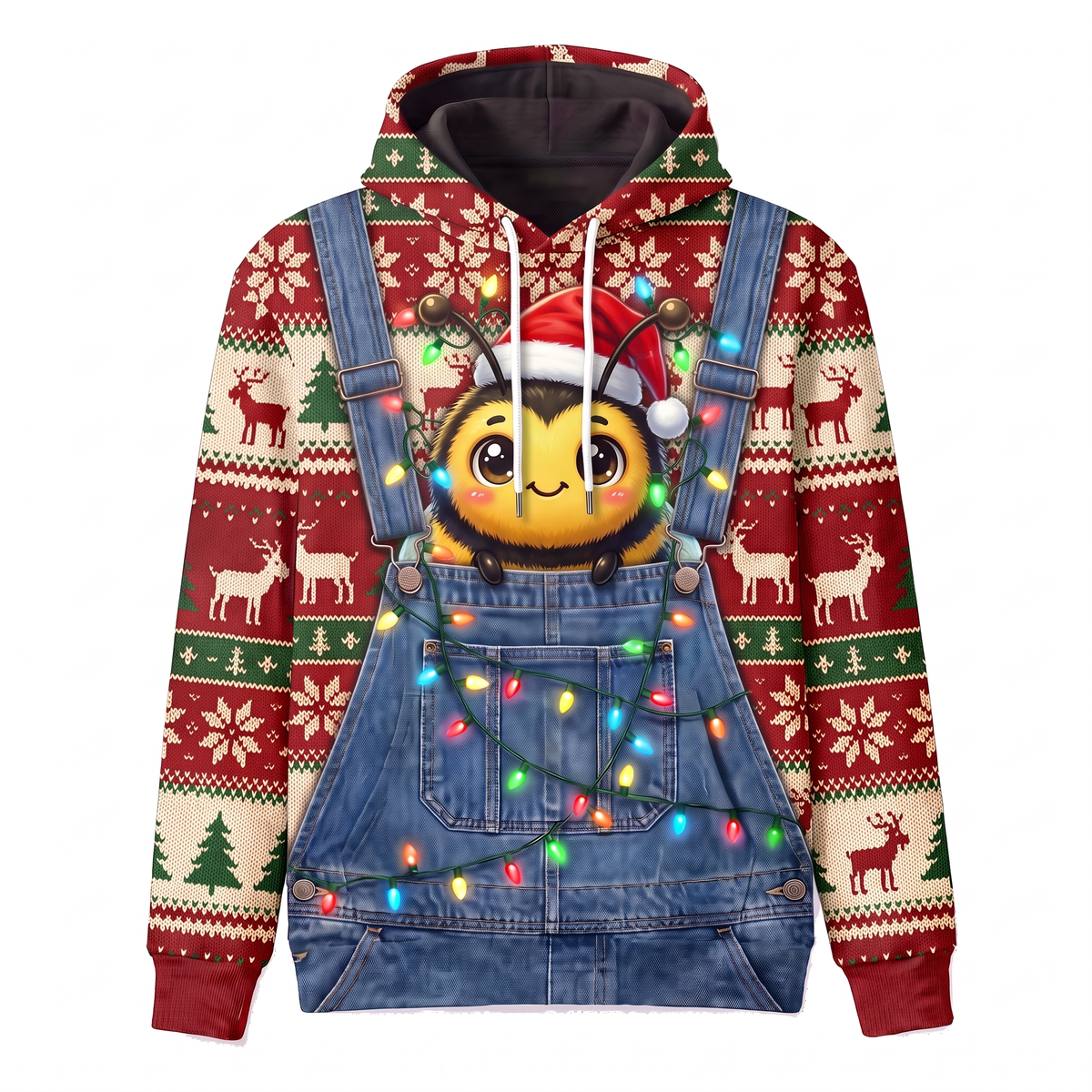 Cute Santa Bee Christmas Hoodie - Kawaii Bee Overalls Ugly Christmas Sweater Style