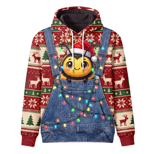 Cute Santa Bee Christmas Hoodie - Kawaii Bee Overalls Ugly Christmas Sweater Style