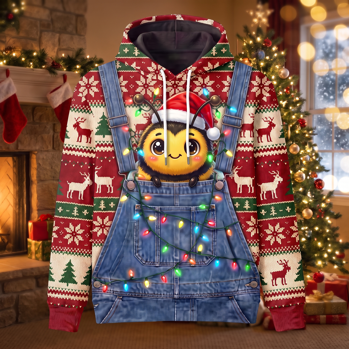 Cute Santa Bee Christmas Hoodie - Kawaii Bee Overalls Ugly Christmas Sweater Style